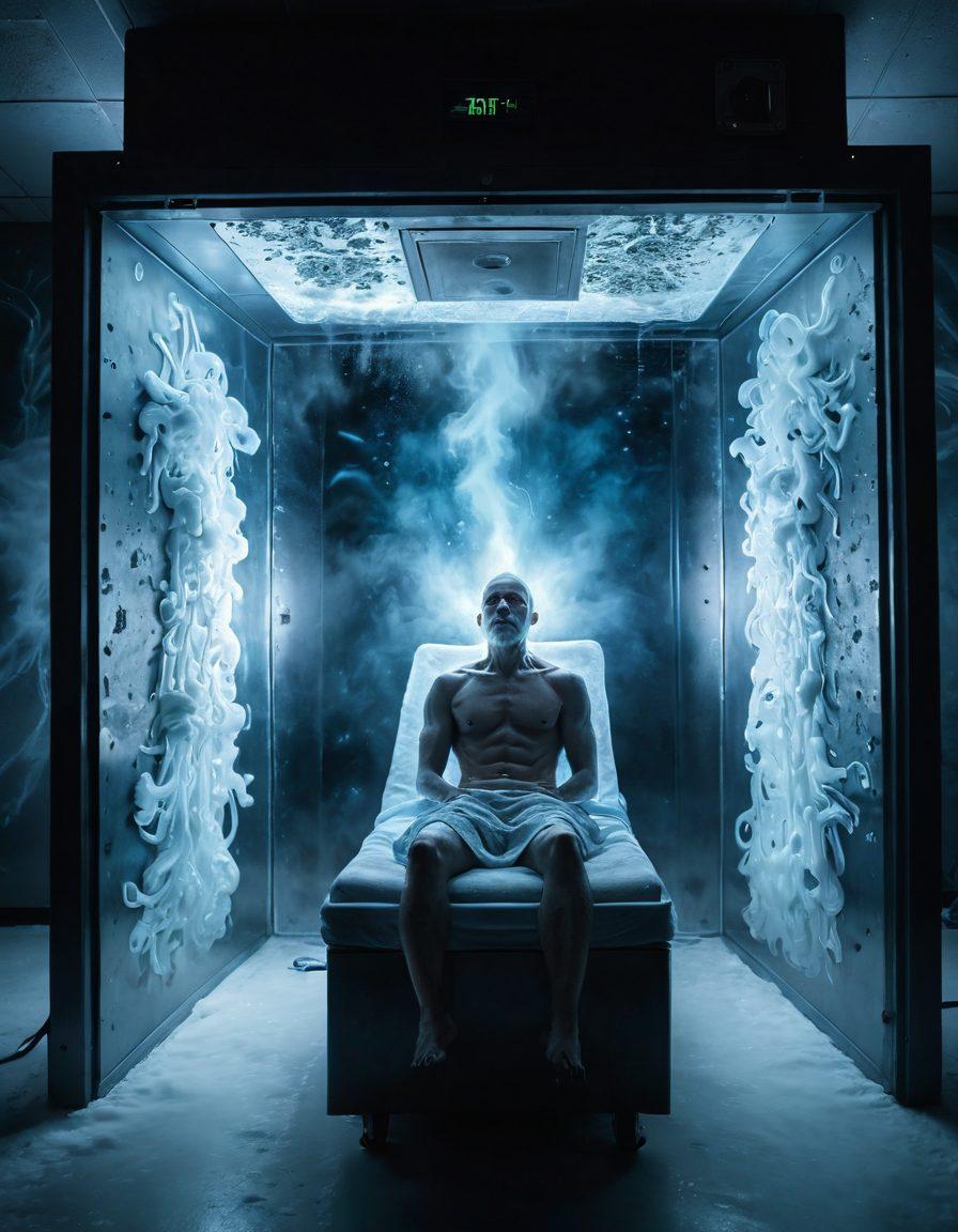 A dramatic scene depicting a patient in a cryopreservation chamber surrounded by swirling, icy mist, contrasted with glowing images of healthy cells emerging from the frost. Elements of tumor cells fading away as vibrant healing pathways are illuminated around the chamber. The atmosphere should convey hope and transformation, with scientific equipment subtly integrated in the background. super-realistic. vibrant colors. cool tones with a hint of warmth.