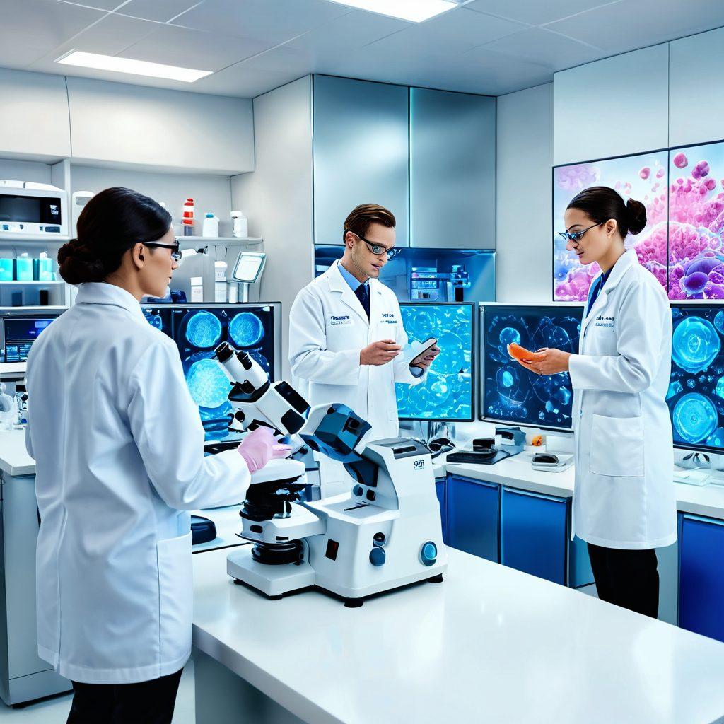 A futuristic laboratory showcasing cryopreservation technology, with vibrant liquid nitrogen tanks and scientists in lab coats examining cancer cells under a microscope. The background features holographic displays of innovative cancer treatment options. Bright colors emphasizing progress and hope, encapsulated in a clean, modern design. super-realistic. vibrant colors. white background.