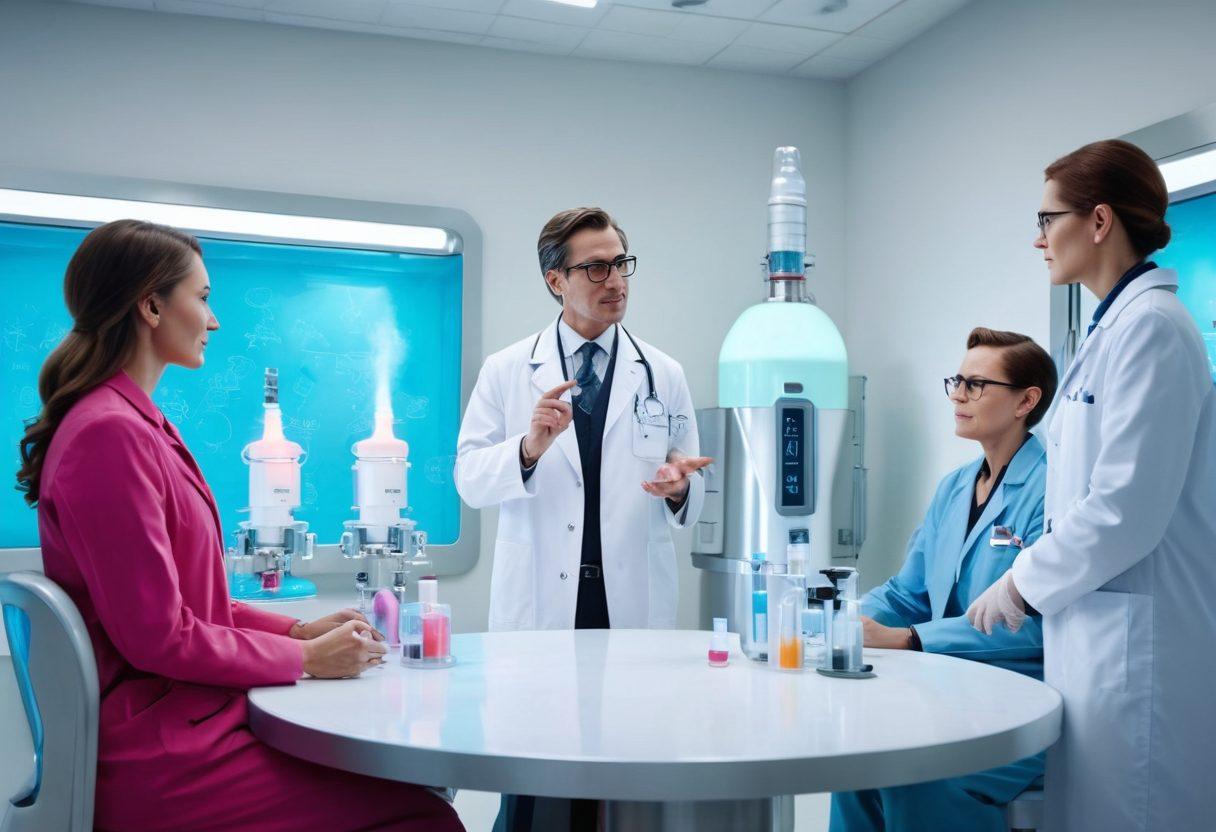 A compassionate doctor discussing innovative cryopreservation techniques with a diverse group of hopeful patients in a vibrant clinical setting. The backdrop features futuristic cryogenic equipment and glowing liquid nitrogen containers, symbolizing the fight against malignancies. The image conveys hope, resilience, and cutting-edge medical technology. super-realistic. vibrant colors. white background.